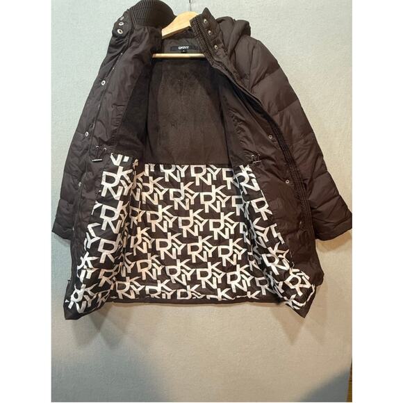 DKNY Hooded Long Down Puffer Coat with Removable Fur Trim in Brown Size M - Picture 4 of 10